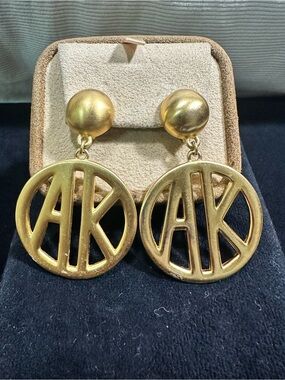 Vtg: Anne Klein Matte Gold Open Cut Logo Oversized Dangle Clip On Earrings